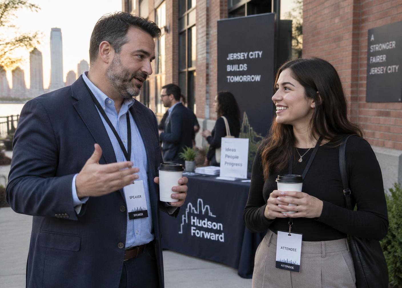 A mentor coaching a team member outside a Jersey City event venue
