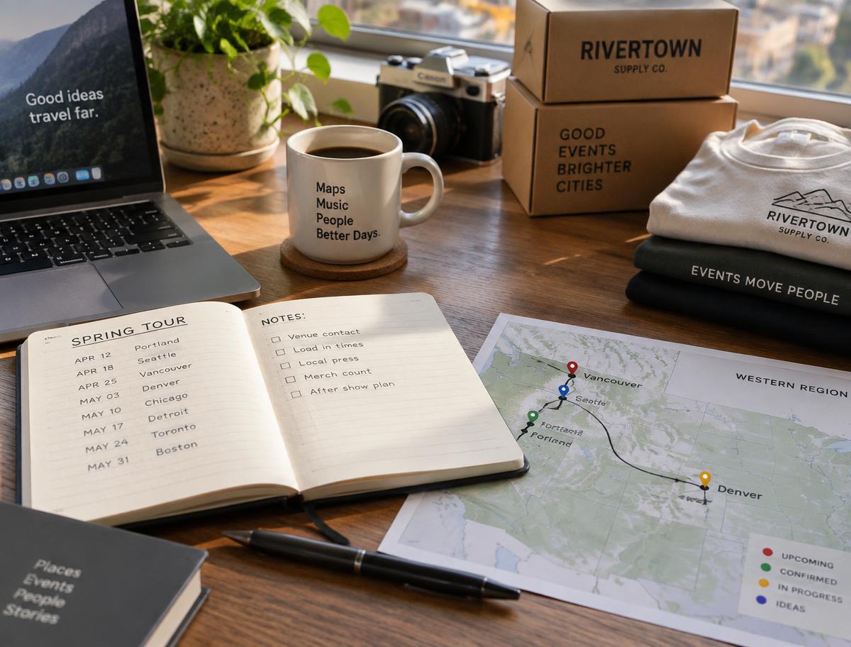 Event tour planner, city route map, and branded merchandise on a sunlit desk