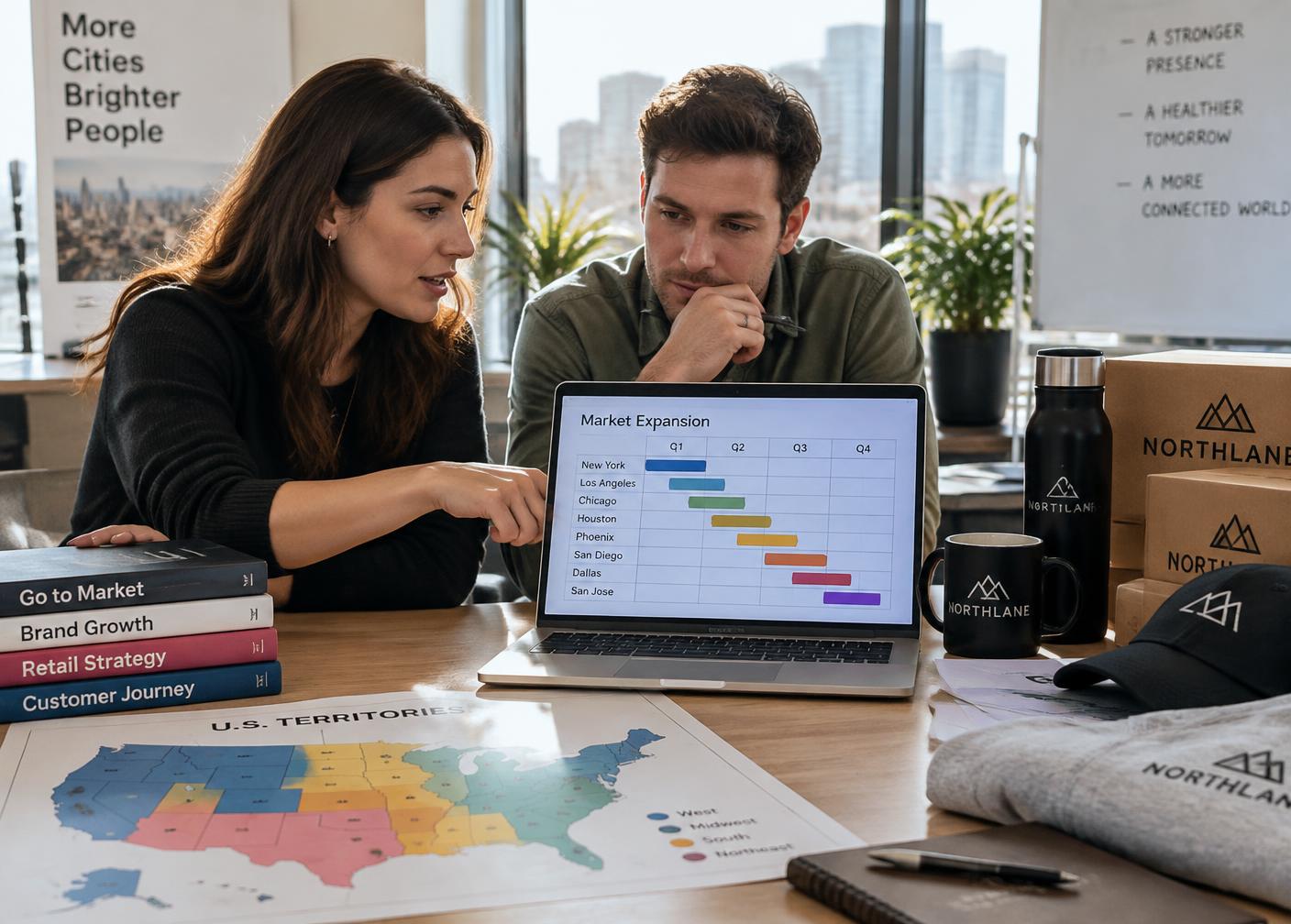 Two colleagues reviewing a market expansion calendar beside branded merchandise